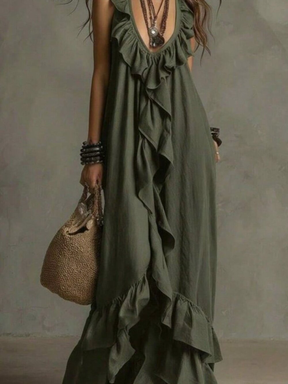 Olive Green Bohemian Women's Dress - Picture 1 of 4